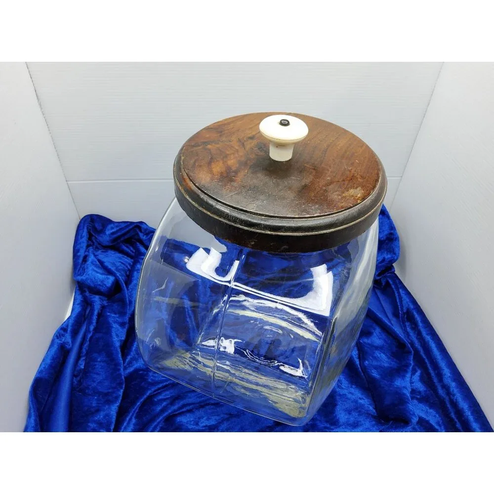 vintage large old fashion general store candy jar w/wooden lid